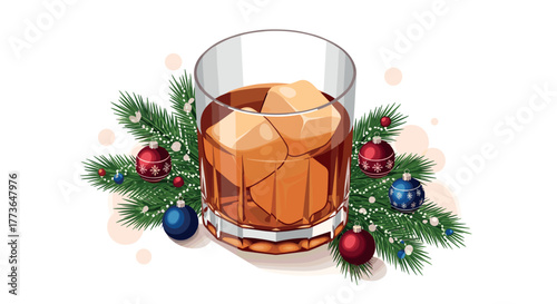 Festive whiskey glass with ice cubes and christmas decorations on pine branches