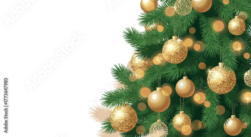 Festive christmas tree with gold baubles and green fir branches on white background