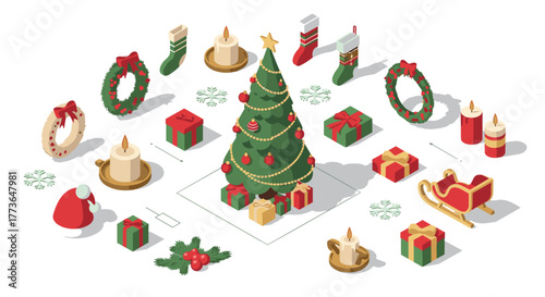 Festive isometric christmas scene with tree, gifts, wreaths, and stockings