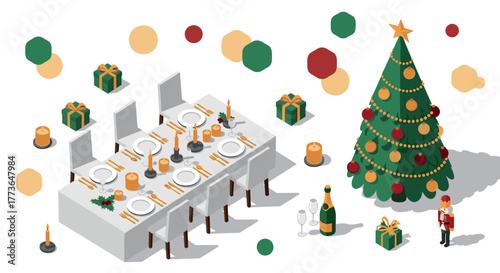 Festive christmas dinner setup with gifts and decorated tree in isometric style