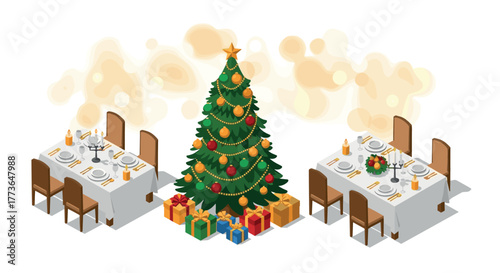 Festive dining with christmas tree and gifts in isometric design