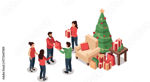 Festive isometric group exchanging gifts by christmas tree scene