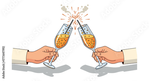 Celebratory toast with champagne glasses clinking and sparkling bubbles
