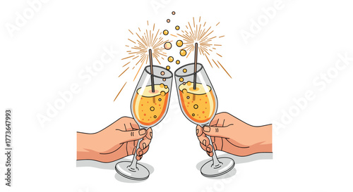 Celebratory toast clinking champagne glasses with sparkling fireworks