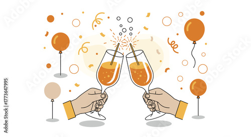 Festive celebration with clinking champagne glasses and balloons