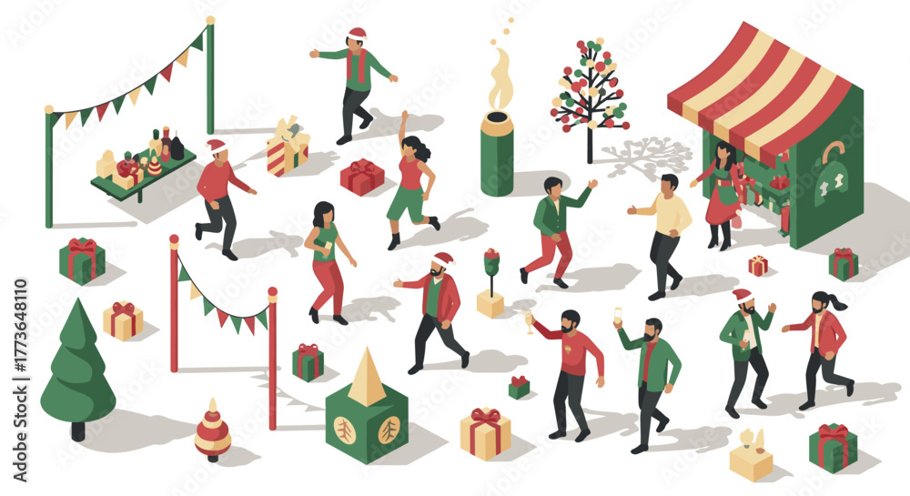 Fototapeta premium Festive holiday celebration with dancing people and decorated christmas market