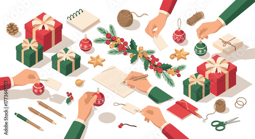 Festive holiday gift wrapping scene with presents, ornaments, and crafts