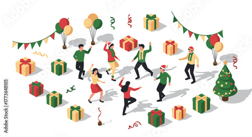 Festive office party celebration with dancing colleagues and holiday decor in isometric style