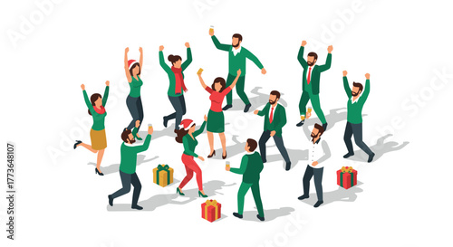 Office holiday celebration with colleagues in festive attire and gifts