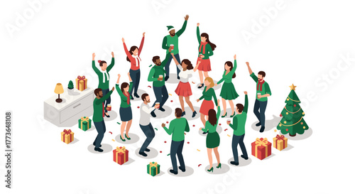 Festive office party celebration with dancing employees and christmas decorations