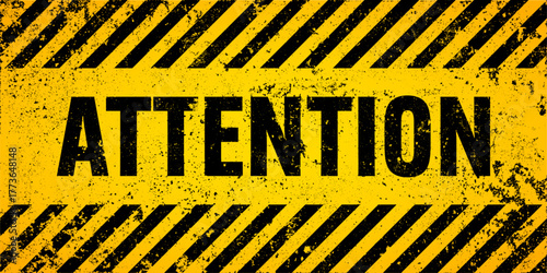 Warning sign with yellow and black diagonal lines. Attention, danger or caution symbol. Construction site signage, road safety notice, hazard banner, security alert shield. Vector illustration