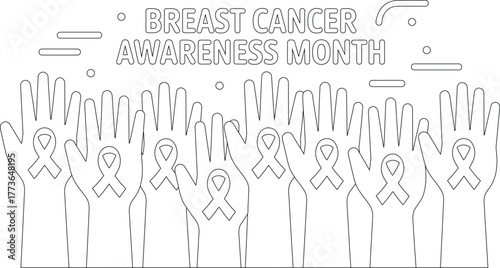 Black and White Breast Cancer Awareness Month Line Art Hands with Ribbons Symbolizing Support