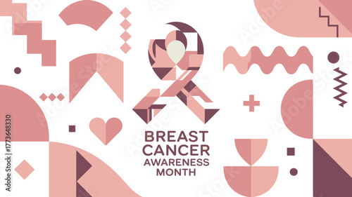 Abstract Geometric Breast Cancer Awareness Month Design with Pink Ribbon and Shapes on White
