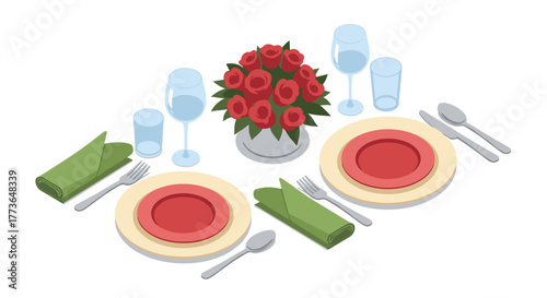 Elegant isometric dining setting with red roses, glassware, and silverware