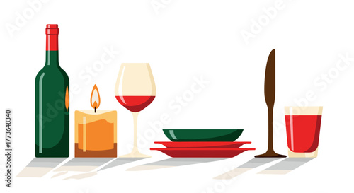 Elegant dinner setting with wine bottle, candle, and glassware in flat design