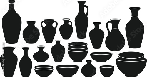 Collection of silhouette ceramic vases and bowls vector image