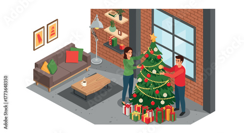 Family decorating christmas tree in cozy living room isometric style