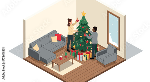 Isometric holiday scene with couple decorating christmas tree in cozy living room