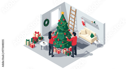 Family decorating christmas tree in cozy living room isometric style