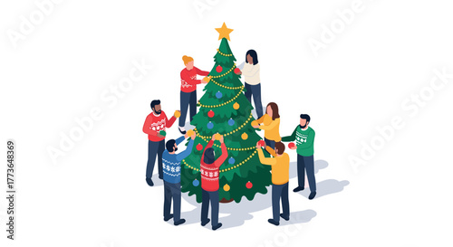 Festive gathering friends decorating a christmas tree in isometric style