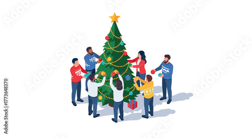 Festive group decorating christmas tree with ornaments and gifts in isometric style
