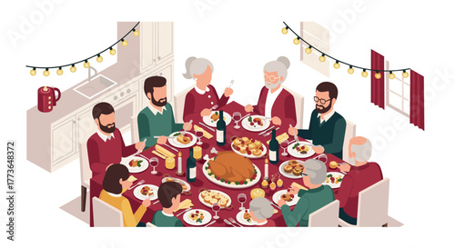Isometric family dinner celebration with festive lights and delicious feast in cozy kitchen
