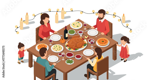 Family gathering for thanksgiving dinner in festive setting with cozy atmosphere