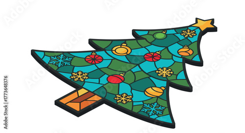 Colorful mosaic christmas tree with ornaments and snowflakes