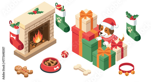 Festive holiday scene with cozy fireplace, dog in santa hat, gifts, and stockings