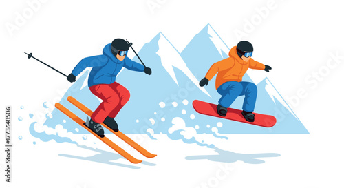 Skiing and snowboarding adventure in winter mountain landscape