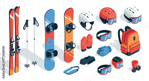 Winter sports equipment in isometric style skis, snowboards, helmets, and accessories
