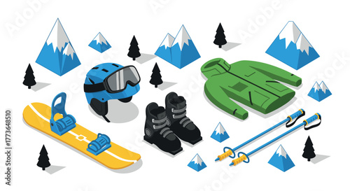 Winter sports isometric gear snowboard, helmet, and apparel with mountain scenery
