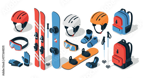 Colorful winter sports gear in modern isometric style