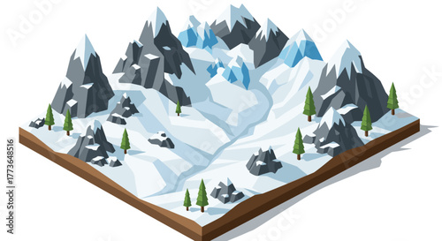 Isometric snowy mountain landscape with pine trees and rocky peaks