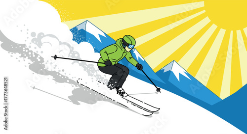 Dynamic winter sports scene with skier in vibrant mountain landscape