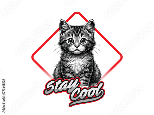 T-shirt print design, Keep Calm And Love Cats Graphic Tee Design with Cute Kitten Portrait With Red Diamond Frame.
