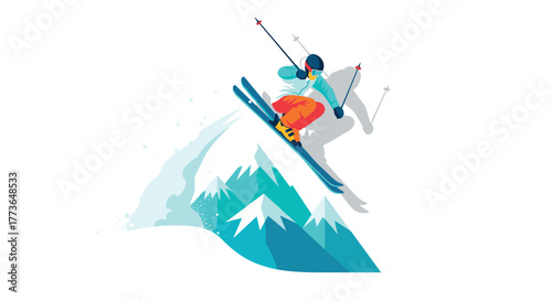 Dynamic ski jumper descending snowy mountain with vibrant energy and motion