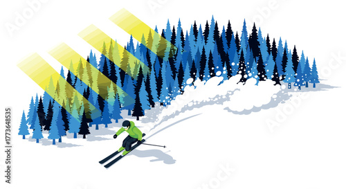 Dynamic winter scene with skier descending snowy slope through pine trees