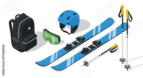 Isometric skiing equipment set with blue helmet and gear