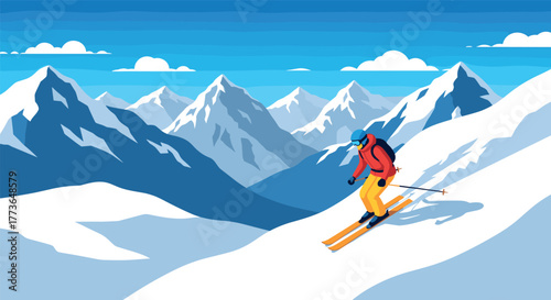 Adventurous skier descending alpine slopes amidst majestic mountains in flat style art