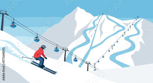 Winter ski adventure in the mountains with snowy peaks and cable cars