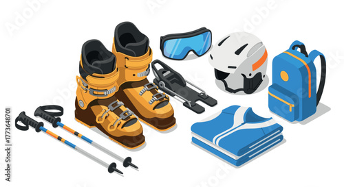 Isometric winter sports gear set boots, helmet, goggles, and more for ski enthusiasts