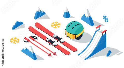 Winter sports essentials isometric ski gear with snowy elements