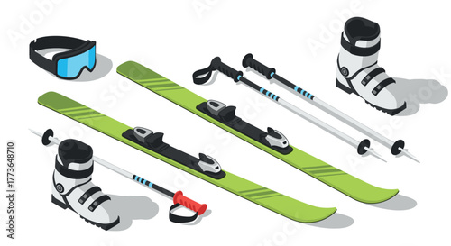 Isometric winter sports gear set with ski equipment and accessories