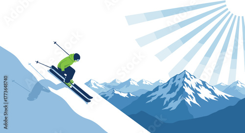Dynamic winter scene of a skier descending a mountain with sunlit peaks