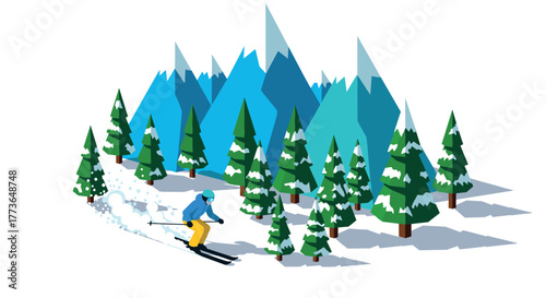 Winter sports adventure skier navigating through snowy forest and mountains