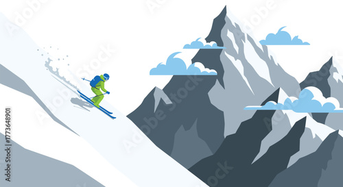 Skier navigating steep snowy slope with majestic mountain background