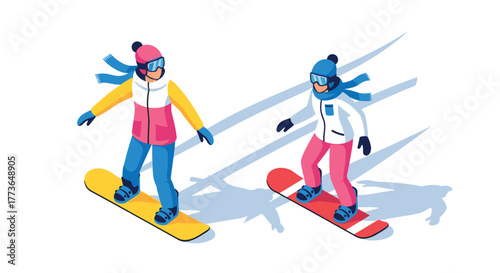 Isometric winter snowboarding adventure with colorful gear and shadows