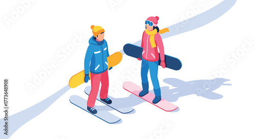 Snowboarders chatting on a winter day in isometric 3d style
