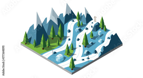 Isometric winter mountain ski resort with snowy trails and pine trees